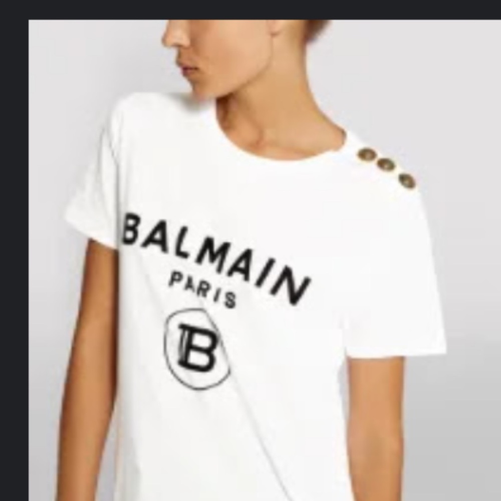 Balmain White Tee with Gold Button Accents